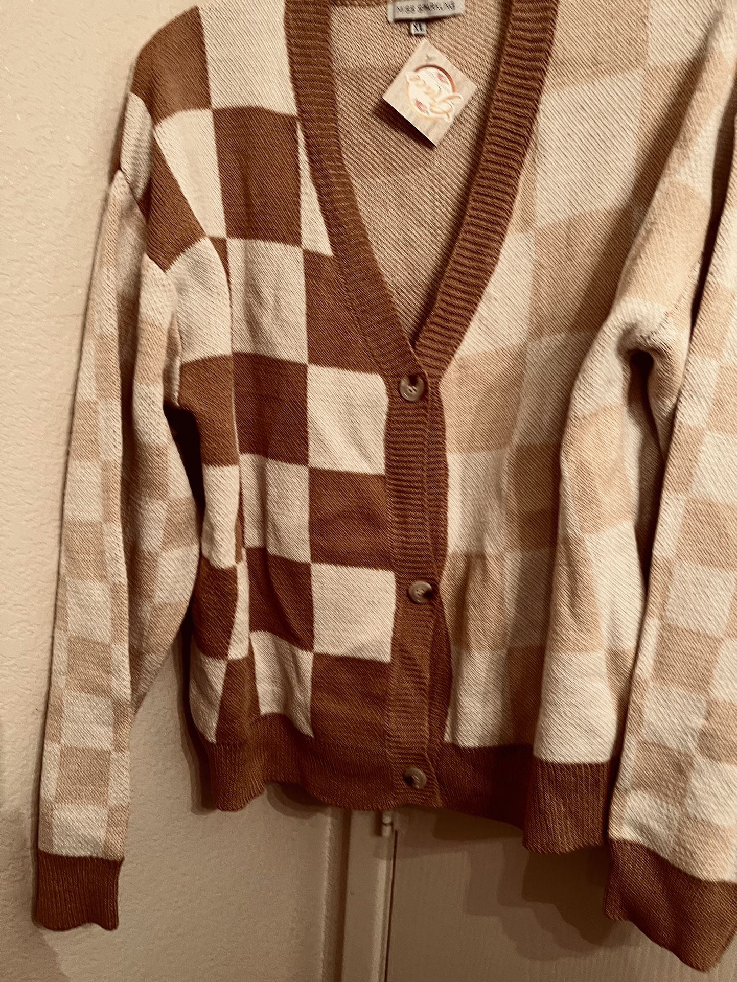 New! Miss Sparkling Button Down Cardigan With Brown And Cream Color And Checkered Pattern Size XL