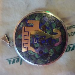 Mid Century Mosaico Azteca Silver Pendant Turquoise Chip-Mixed Metal Overlay Taxco  Marked 🦅3️⃣
