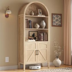 71" Arched Display Bookshelf, 5-Tier Arched Bookcase W/Door, Oak Farmhouse Bookshelf Arched Cabinet with Adjustable Shelf & Storage Cabinet, Freestand