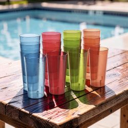 Acrylic Cafe Plastic Reusable Tumblers (Set of 16) 20-ounce Water Cups Assorted Colors | Restaurant Style Drinking Glasses Value Set, Stackable, BPA-f