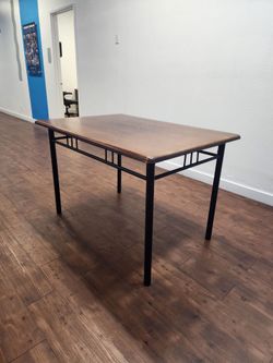 Wood Top Dining Table with Black Metal Frame with chairs