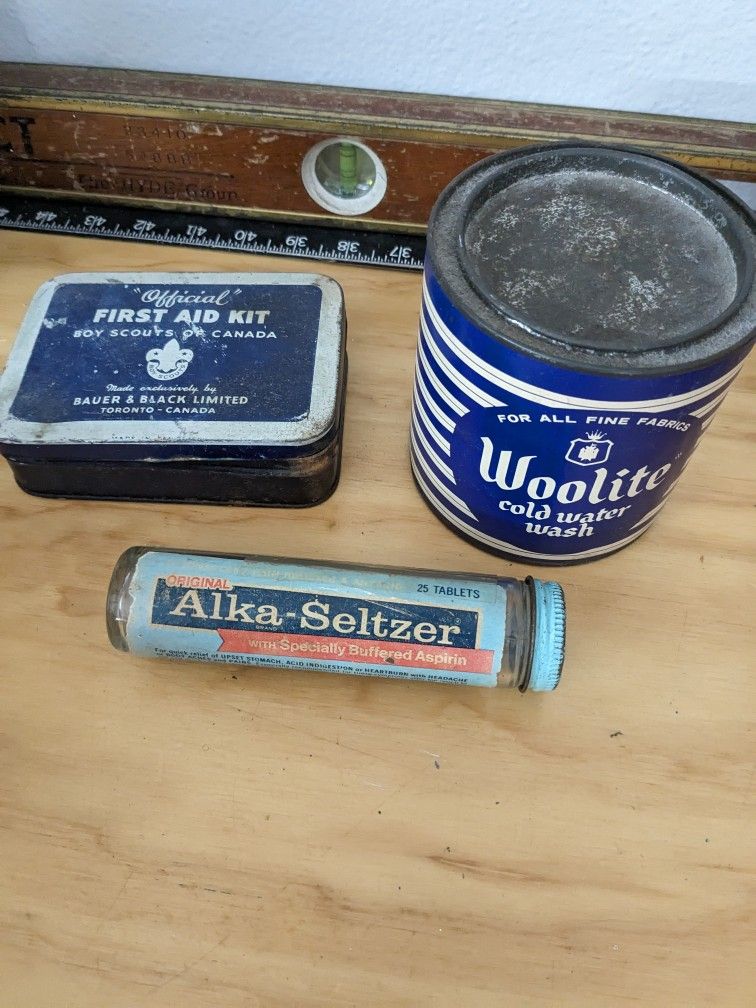 Antique Cans And Glass Bottle