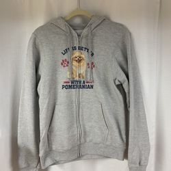 Medium Grey Hooded Sweatshirt With Pomeranian On Front And A Humorous Message
