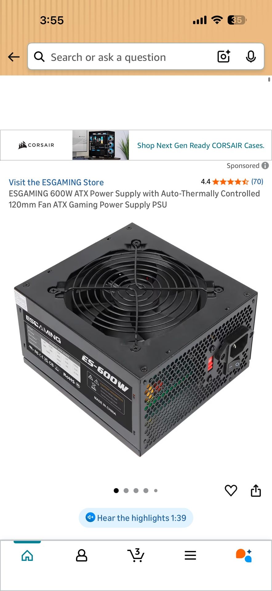 ESGAMING 600W ATX Power Supply with Auto-Thermally Controlled 120mm Fan ATX Gaming Power Supply PSU