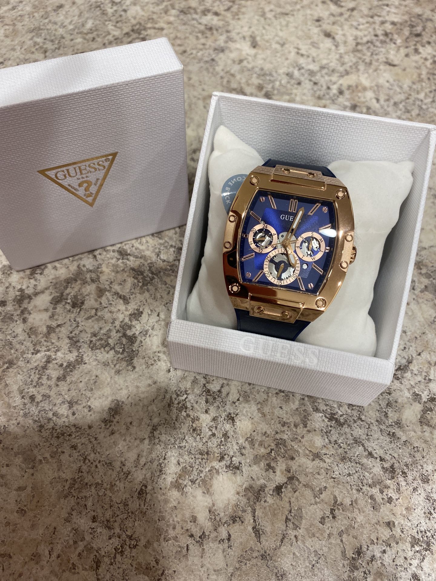 New Guess GW0956G4 Mens Blue Rose Gold Tone Multi function Watch