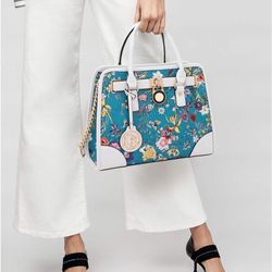 Turquoise And White Floral Handbag