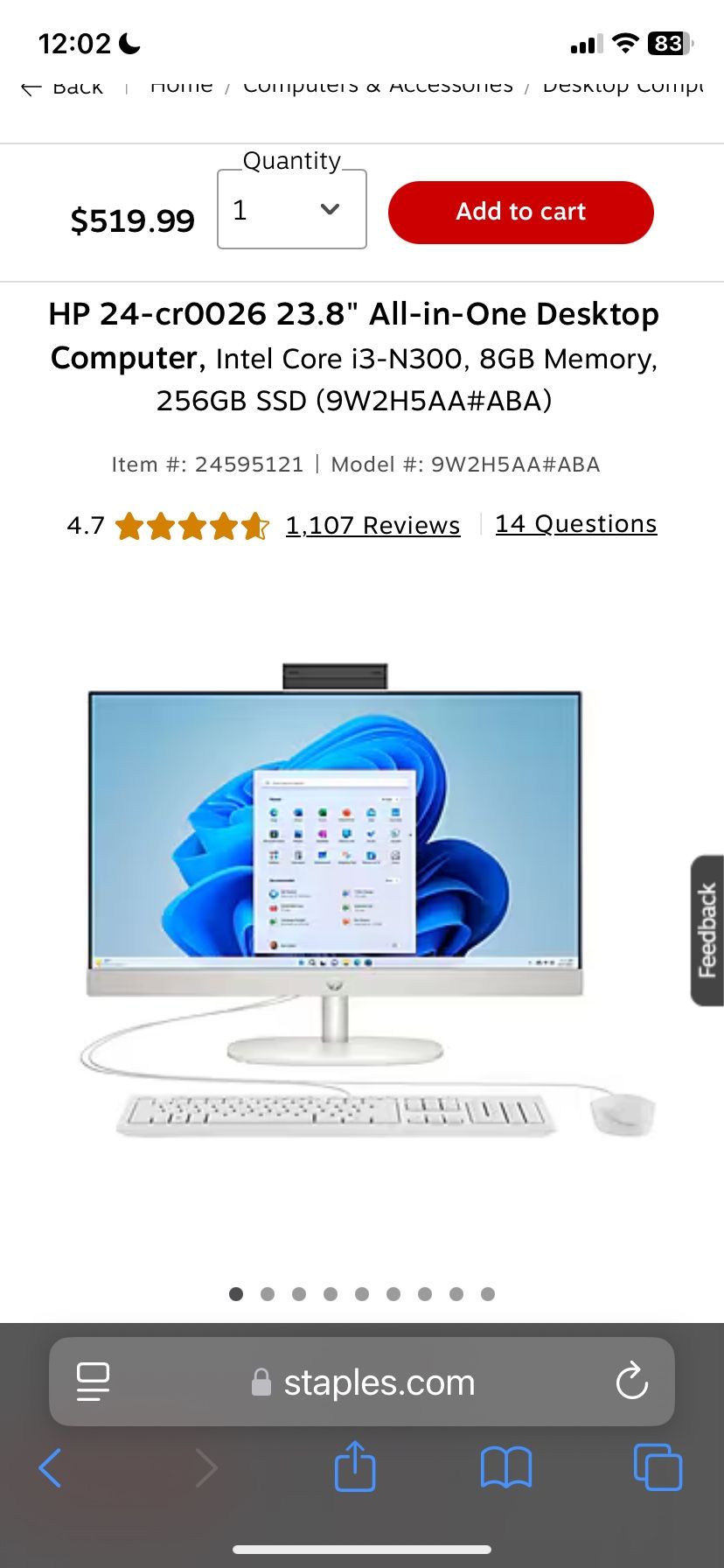 Brand New HP 24-cr0026 23.8" All-in-One Desktop Computer, Intel Core i3-N300, 8GB Memory, 256GB SSD