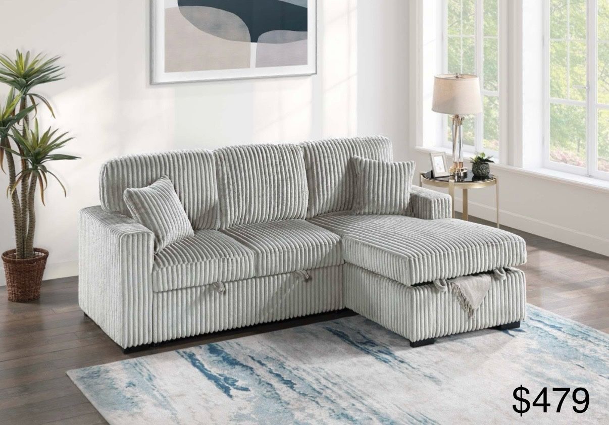 Reversible Corduroy Sectional Sleeper With Storage And Cupholders