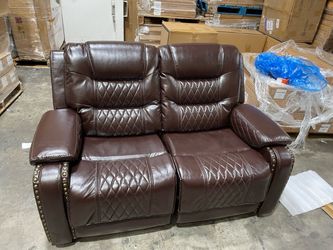 2563d $280 EBELLO Manual Reclining Sofa for Living Room, Breathable Faux Leather 2 Seater Reclining Couch Chair, Vintage Rivet Mid-Century Modern Desi