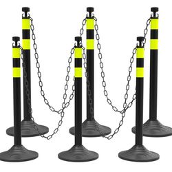 BESEA 6Pack 39inch Chain barriers with Weighted Base Black Traffic Safety Cones with 6.6' FEET Plastic Chain 2inch Reflective Collars Safety Barriers 