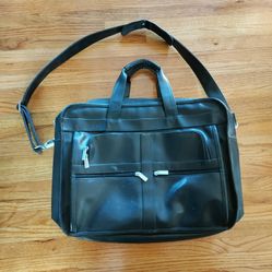 Leather Laptop Work Briefcase with Shoulder Strap

3 large compartments - one including dividers 
Compartment for pens, business cards, and notepads
2