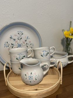 Vintage Blue Floral Stoneware Set