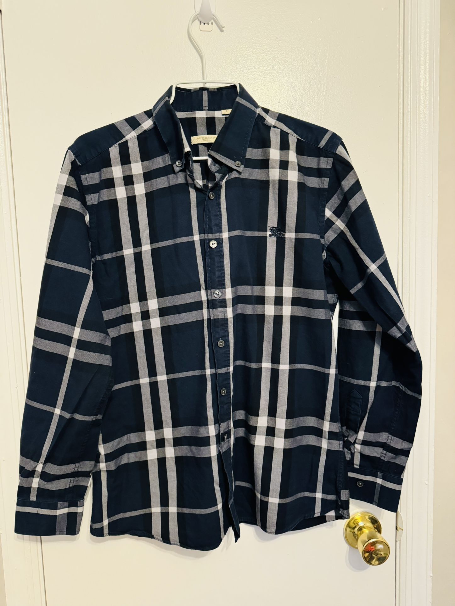 Burberry Brit Navy Blue Plaid Shirt Classic Pattern Size L