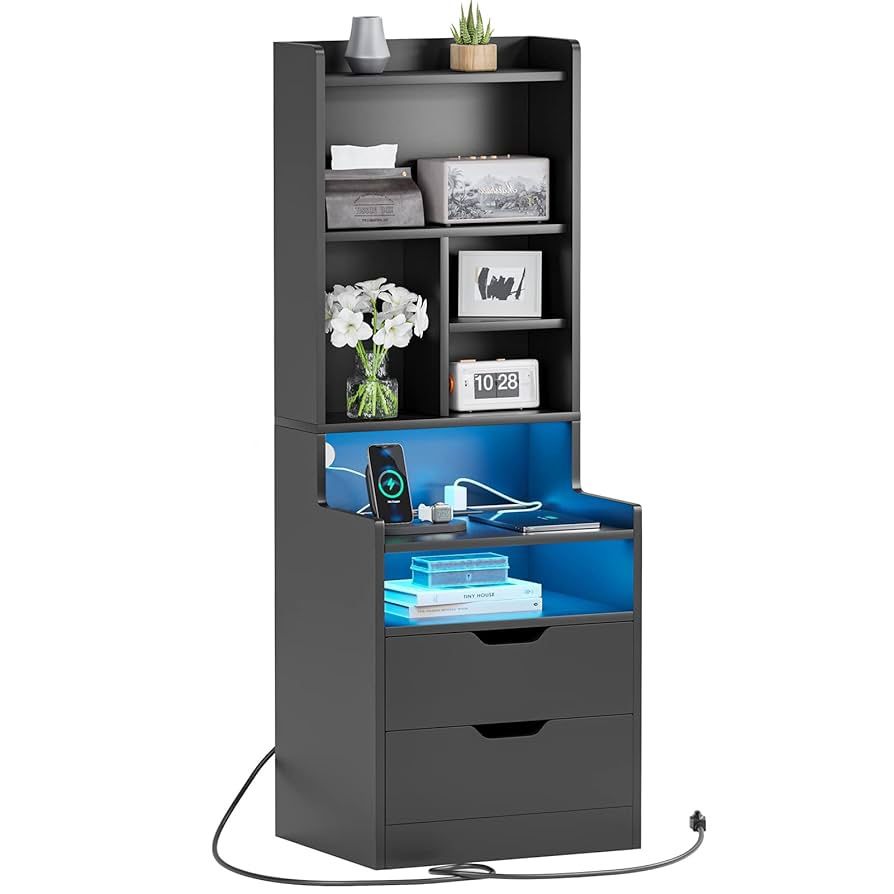 ADORNEVE Tall Night Stand with Charging Station and LED Lights,Nightstand with Bookshelf,Bedside Table with Drawers & Power Outlets,End Side Table for