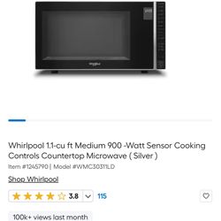 NEW - Whirlpool 1.1-cu ft Medium 900 -Watt Sensor Cooking Controls Countertop Microwave ( Silver)