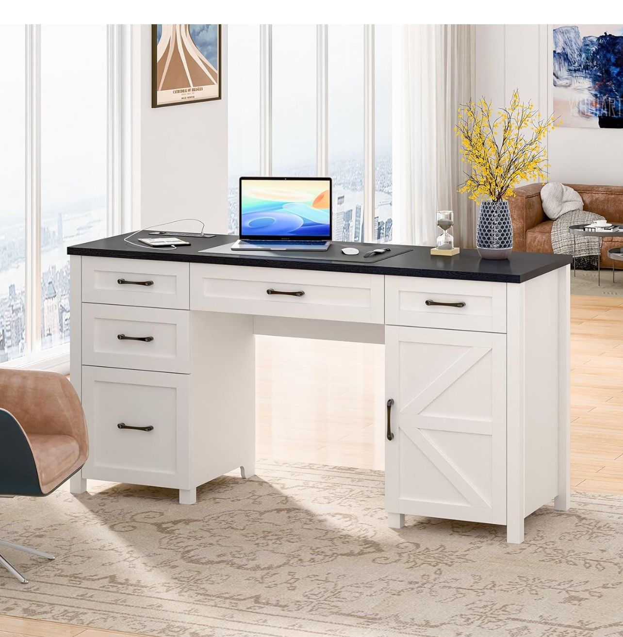 Farmhouse 61'' Executive Desk with 5 Drawers, Rustic Office Table Computer Desk with Charging Station, File Drawers and Storage Cabinet, Wood Workstat