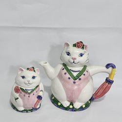 Vintage Otagiri Lady Cat Teapot LID Mary Ann Baker Japan Painted Umbrella White 