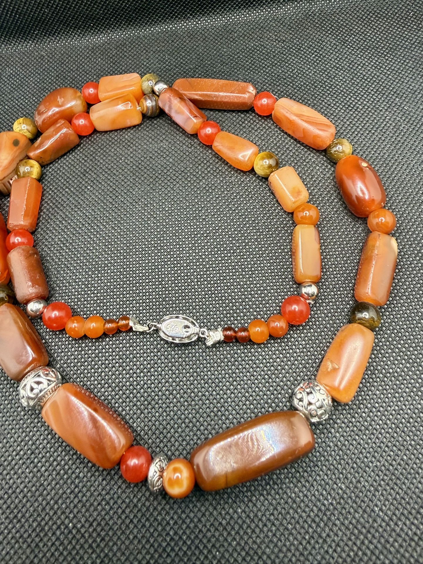 Vintage Mali Africa Carnelian And Tiger Eye Necklace With Silver Clasp
