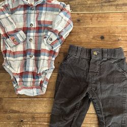 Carter’s baby boy plaid flannel shirt onesie & corduroy trouser pant outfit 6m