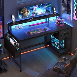 Black Gaming Desk with Monitor Shelf and Drawers