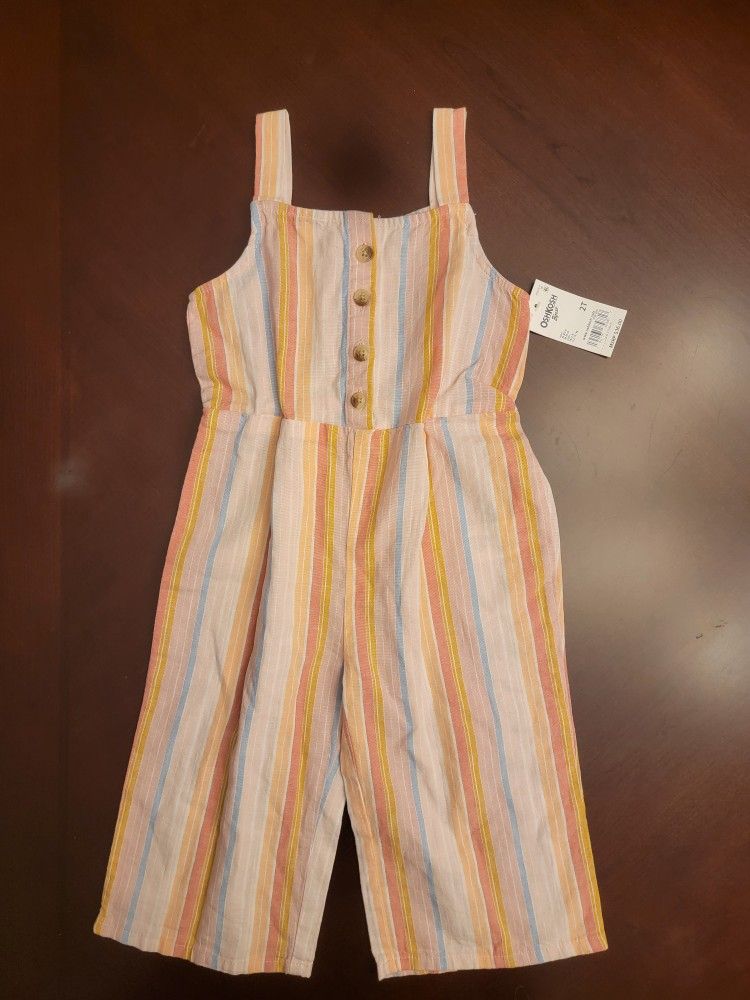NWT Oshkosh B’Gosh Girl's Pink Striped Button Front Linen Jumpsuit Romper - 2T
