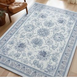 Washable Area Rug 5'x7' Non-Slip, Vintage Neutral Rugs for Living Room, Bedroom, Dining Room, Distressed Boho Floral Medallion Pattern, Low-Pile Folda