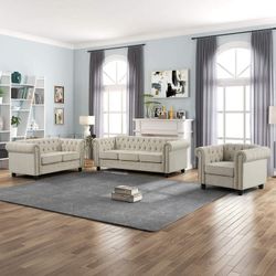 Sofa Set for Living Room Furniture 3 Pieces Button Tufted Couch Loveseat and Chair Beige