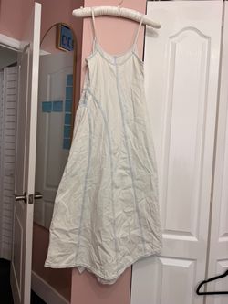 White Midi Slip Dress with Blue Stitching