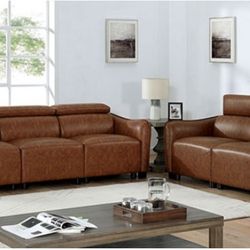 Brand New Brown Mid Century Modern Style Leather Sofa & Loveseat 