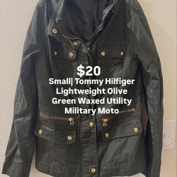 $20| Small| Tommy Hilfiger Lightweight Olive Green Waxed Utility Military Moto Jacket 