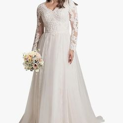 Wirunsy, Women’s Lace Beach Wedding Dress, Ivory Color, Size 14