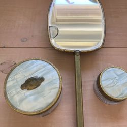 Vintage Hand Mirror With Jars, Vanity Set