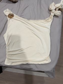 Cream Asymmetric Crop Top with Gold Brooch