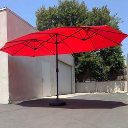 (Brand New) $130 Large Double Sided Outdoor (15ft Umbrella and 65lbs Plastic Base set) Colors Red/Gray