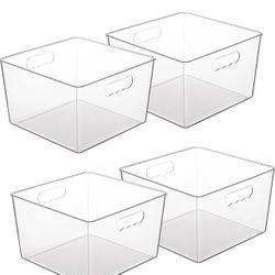 Vtopmart 4 Pack Extra Large Clear Plastic Storage Bins,11x11 Cube Acrylic Organizer Square Containers with Handle for Pantry,Closet,LaundryRoom,Kitche