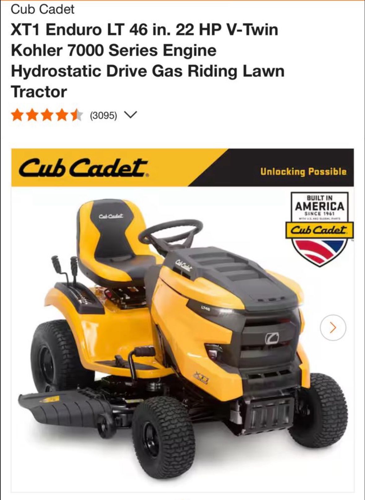 Cud cadet XT1 Enduro LT 46 in. 22 HP V-Twin Kohler 7000 Series Engine Hydrostatic Drive Gas Riding Lawn Tractor