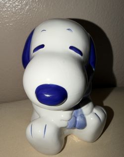 Rare Peanut BLU/WHT SNOOPY Hugging WOODSTOCK Friendship Ceramic Piggy Coin Bank