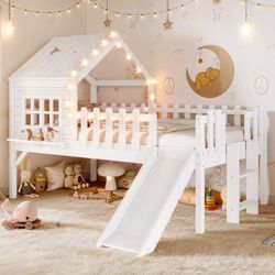 Twin Size Loft Bed with Slide and LED Lights, Wood House Roof Low Loft Beds