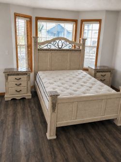 Nice Queen Ashley Bedroom Set with Bed Frame, 2 Nightstands, Pillowtop Mattress and Boxspring