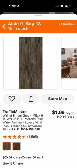 3 cases $90/Walnut Ember Grey 4 MIL x 6 in. W x 36 in. L Peel and Stick Water Resistant Luxury Vinyl Plank Flooring (36 sqft/case)