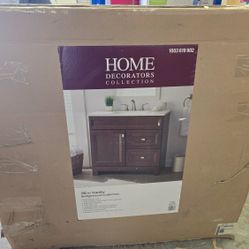 36.5 in. W x 18.75 in. D x 34.375 in ** Home Decorators Collection Sedgewood Single Sink Bath Vanity in Dark Cognac with Arctic Solid Surface Top 