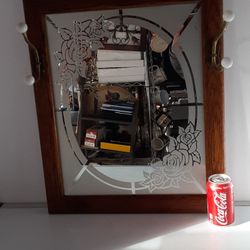 Vintage Rectangular Oak Framed Rose Etched Mirror With Coat/Hat Hooks