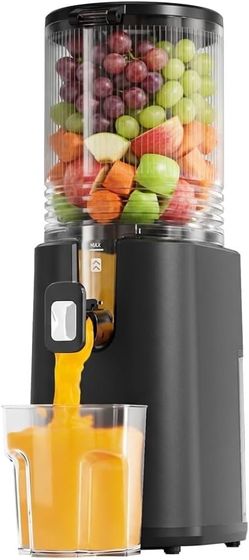 Efficient cold press juicer with a black matte finish and a large transparent hopper for whole fruits. This slow masticating machine has a dual-stage 