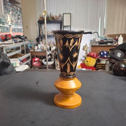 Vintage Hand Carved Wooden Flared Pedestal Vase, 2 Tone Black Stain & Golden Polished Wood, Floral & Geometric Pattern 8.5"H x 3 3/8"W