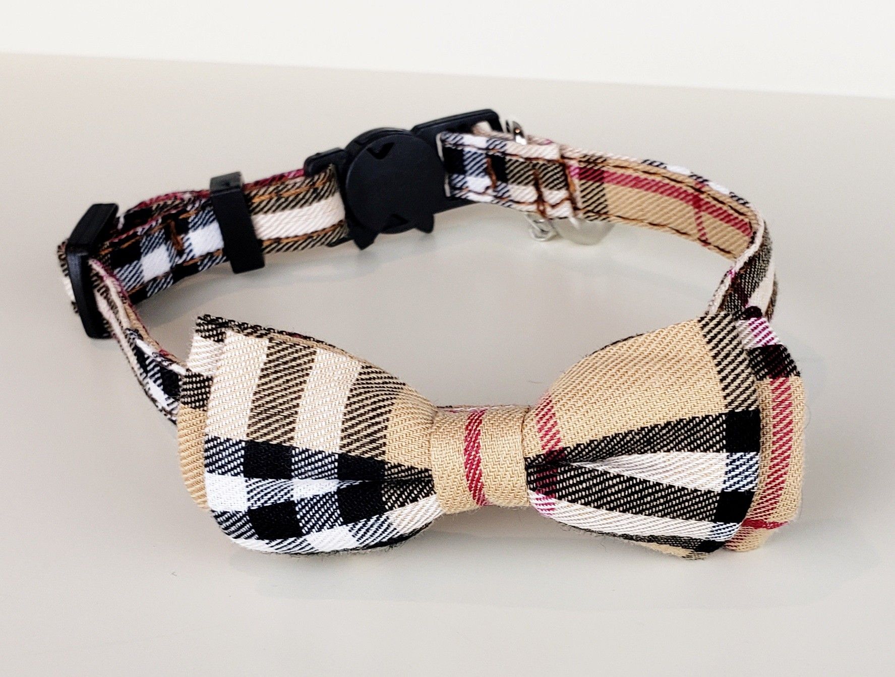 Bow Tie Adjustable Cat Collar Beige Plaid $15