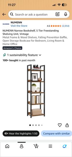 NUMENN Narrow Bookshelf, 5 Tier Freestanding Shelving Unit