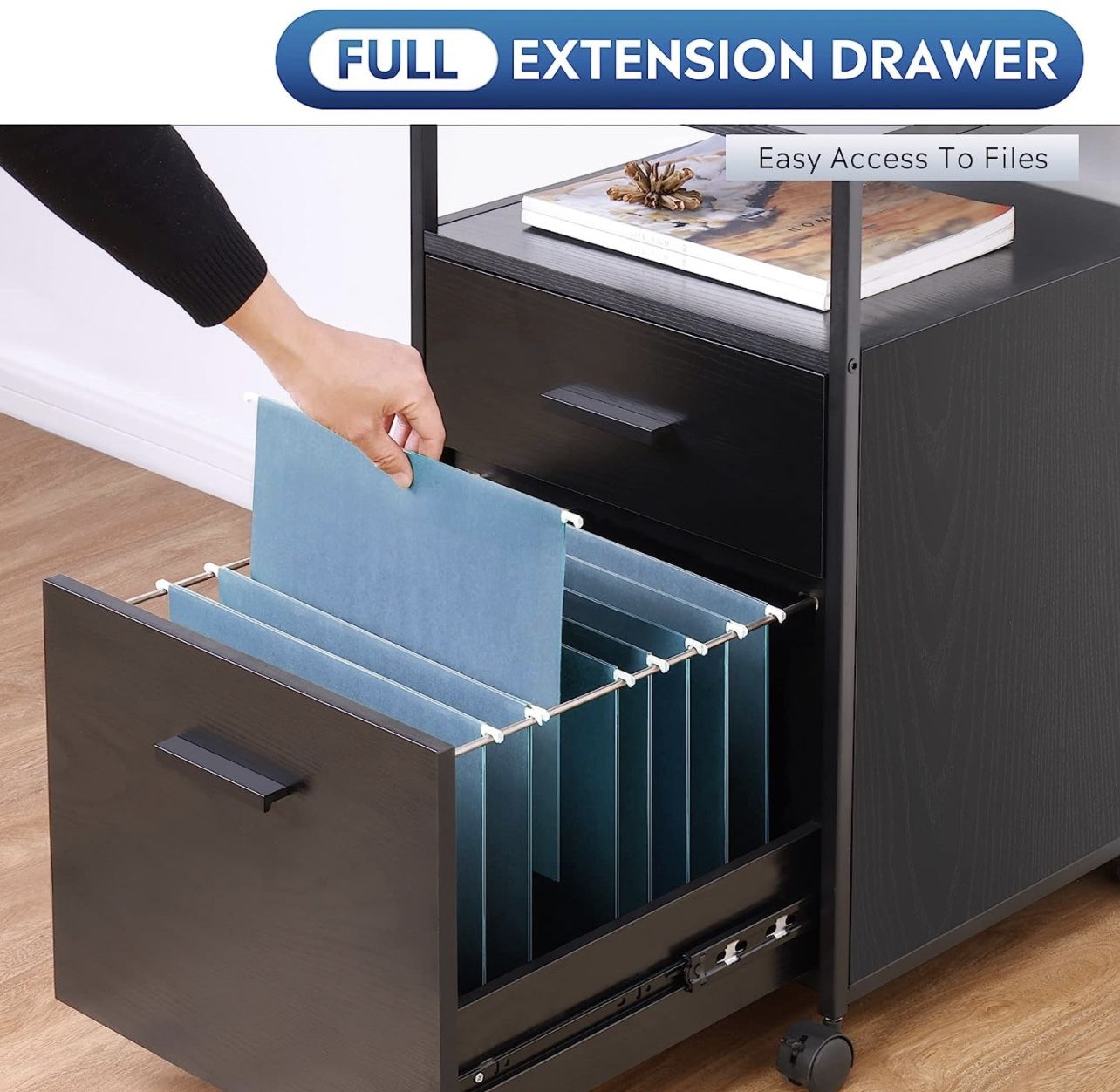 2 Drawer File Cabinet, Mobile Printer Stand with Open Storage Shelf, Wood Filing Cabinet fits A4 or Letter Size for Home Office, Black