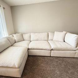 Zone Cream White Fabric 124" 4 Piece Modular L-Shaped Sectional with 1 Corners 1 Armless Chairs | Reversible