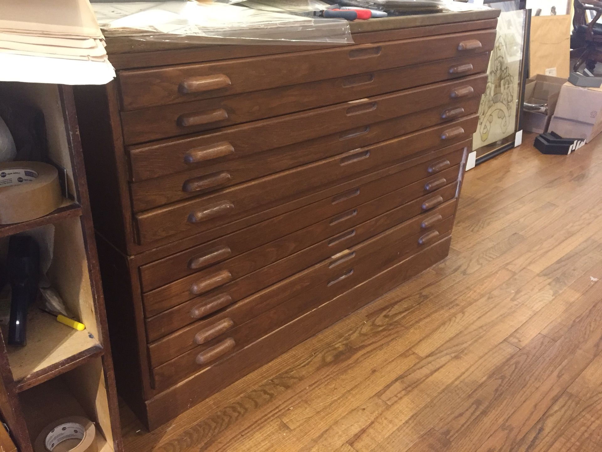 Vintage antique wooden flat file cabinet