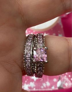 Pink Stone Silver-Toned Ring Set Size 10